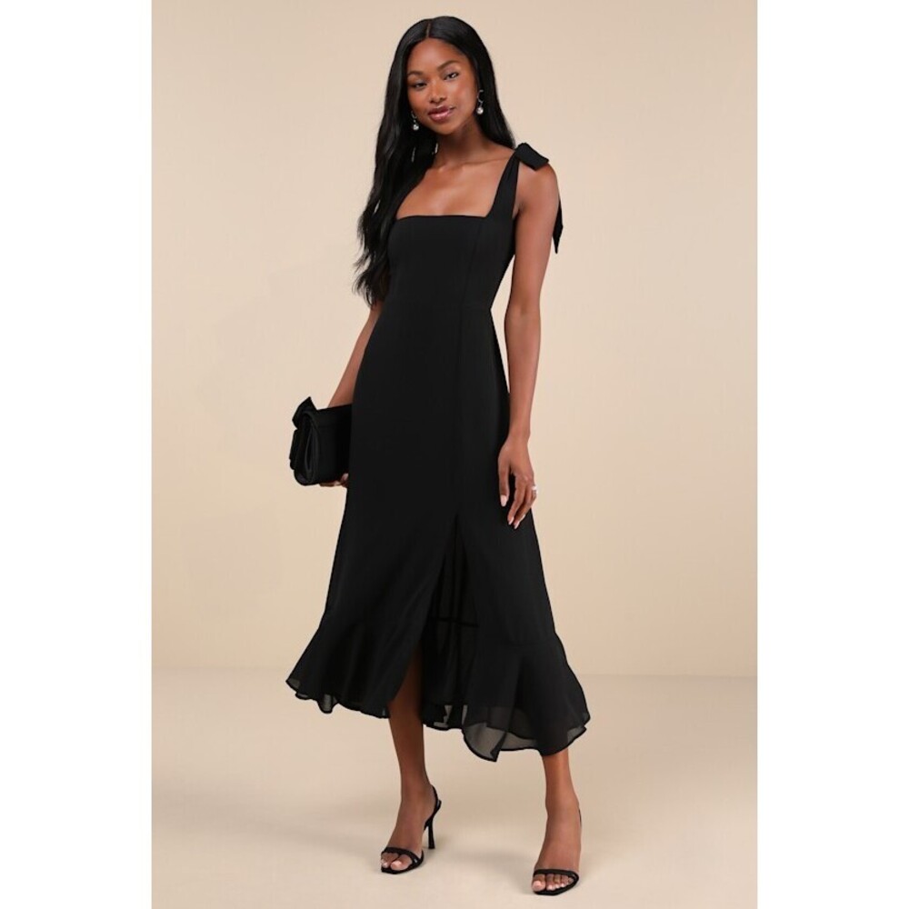 Lulu's Black Midi Tie-Strap Ruffled Hem Dress